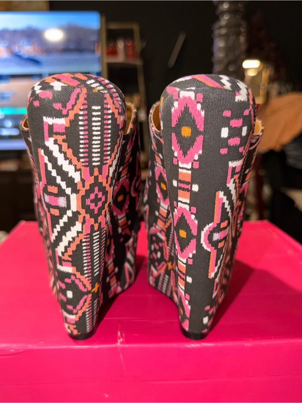 Pink & black platform wedges